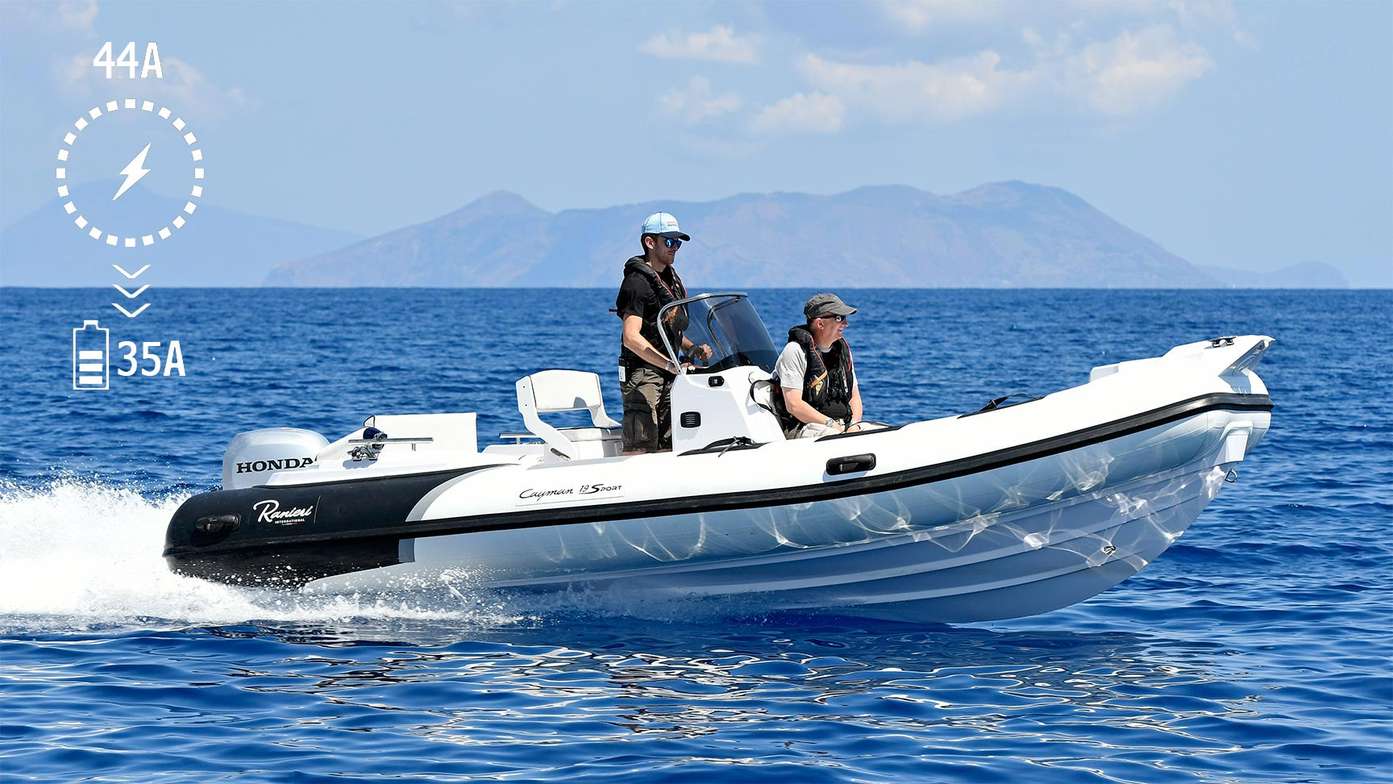 Dos amigos navegando en embarcación semirrígida equipada con motor fueraborda Honda BF80